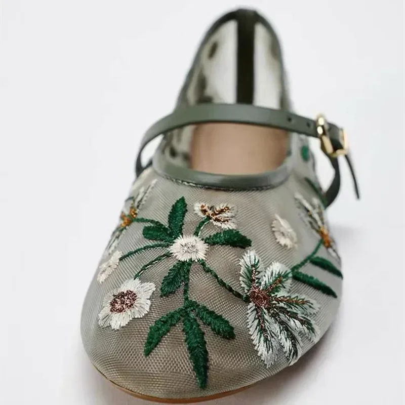 Luxury Designer Mesh Breathable Ballet Flats Women, Embroidered Flower Mary Jane Shoes, Lightweight Low Heel Summer