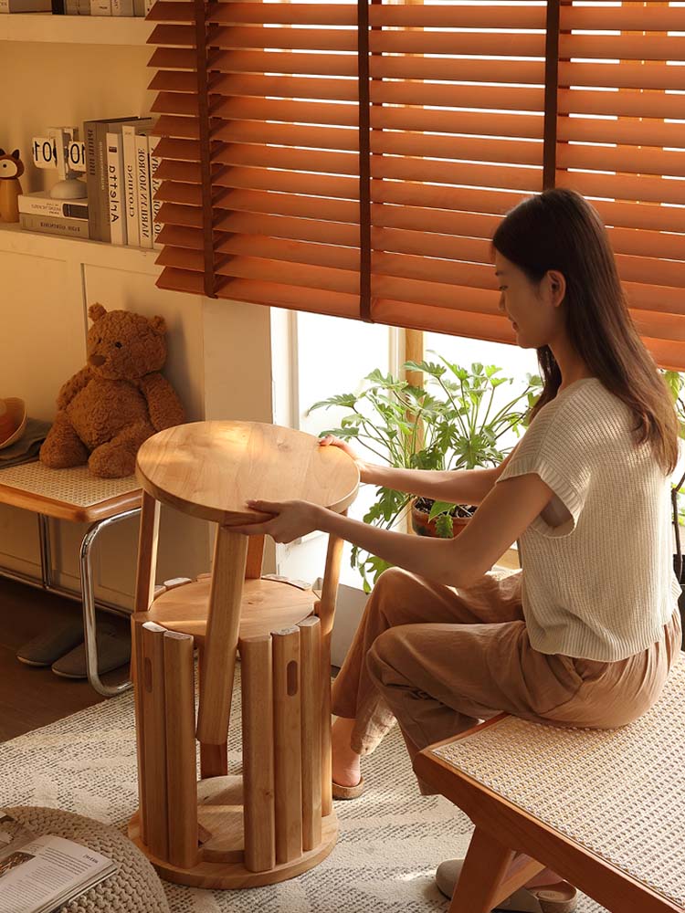 Solid Wood Small Round Stool, Stackable Multi-functional Footstool for Home Dining, Rubber Wood Foldable Self-Contained