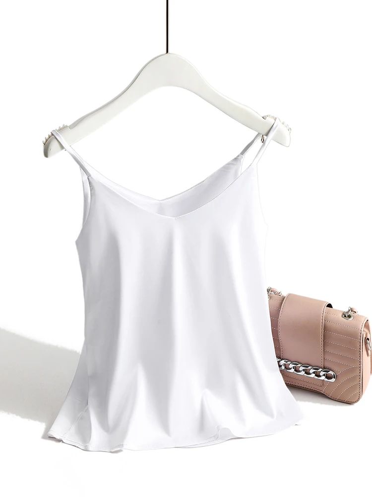 Women's Satin Silk Halter Cami – White Backless Spaghetti Strap Summer Top