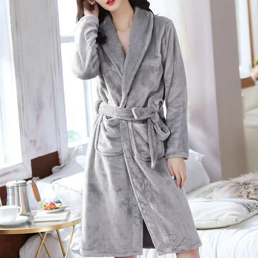 Men Medium-Length Home Bathrobe Sleepwear, Plush Flannel Winter Bathrobe with Belt, Soft Bathrobe Lady