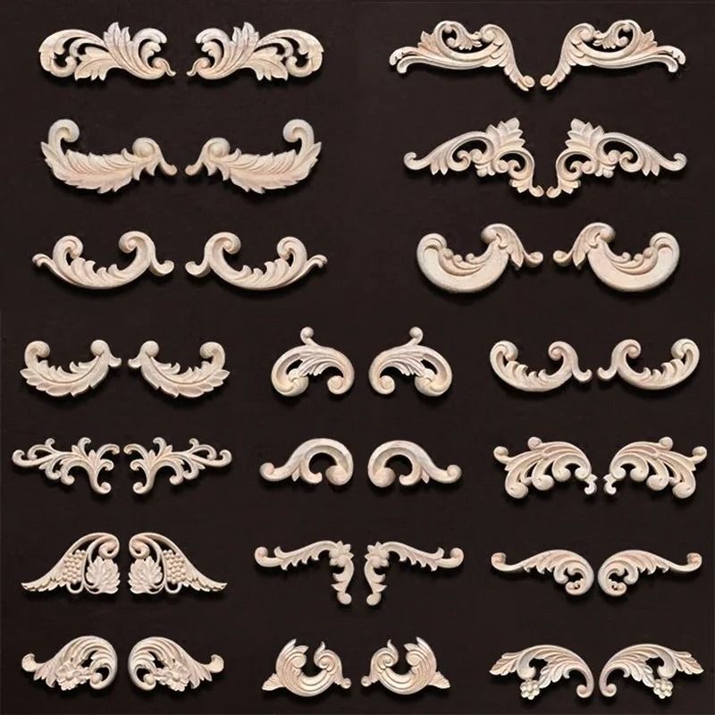 2 PCs Ornate Wood Carving Onlays | Floral Furniture Applique Decals | Architectural Wood Crafting Corner Decoration