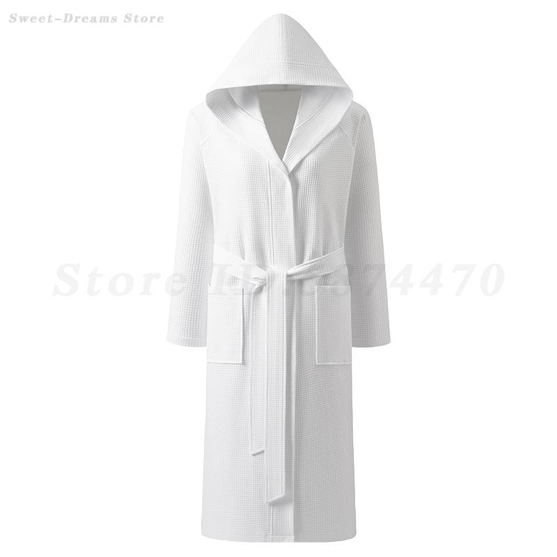 Cotton Waffle Kimono Robe, Long Sleeve Hooded Bathrobe, Couples Sleepwear and Home Loungewear for Spring and Autumn