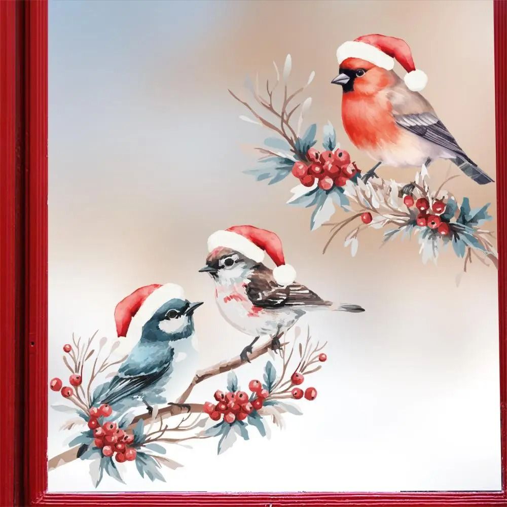 Christmas Bird and Tree Branch Window Static Stickers Set