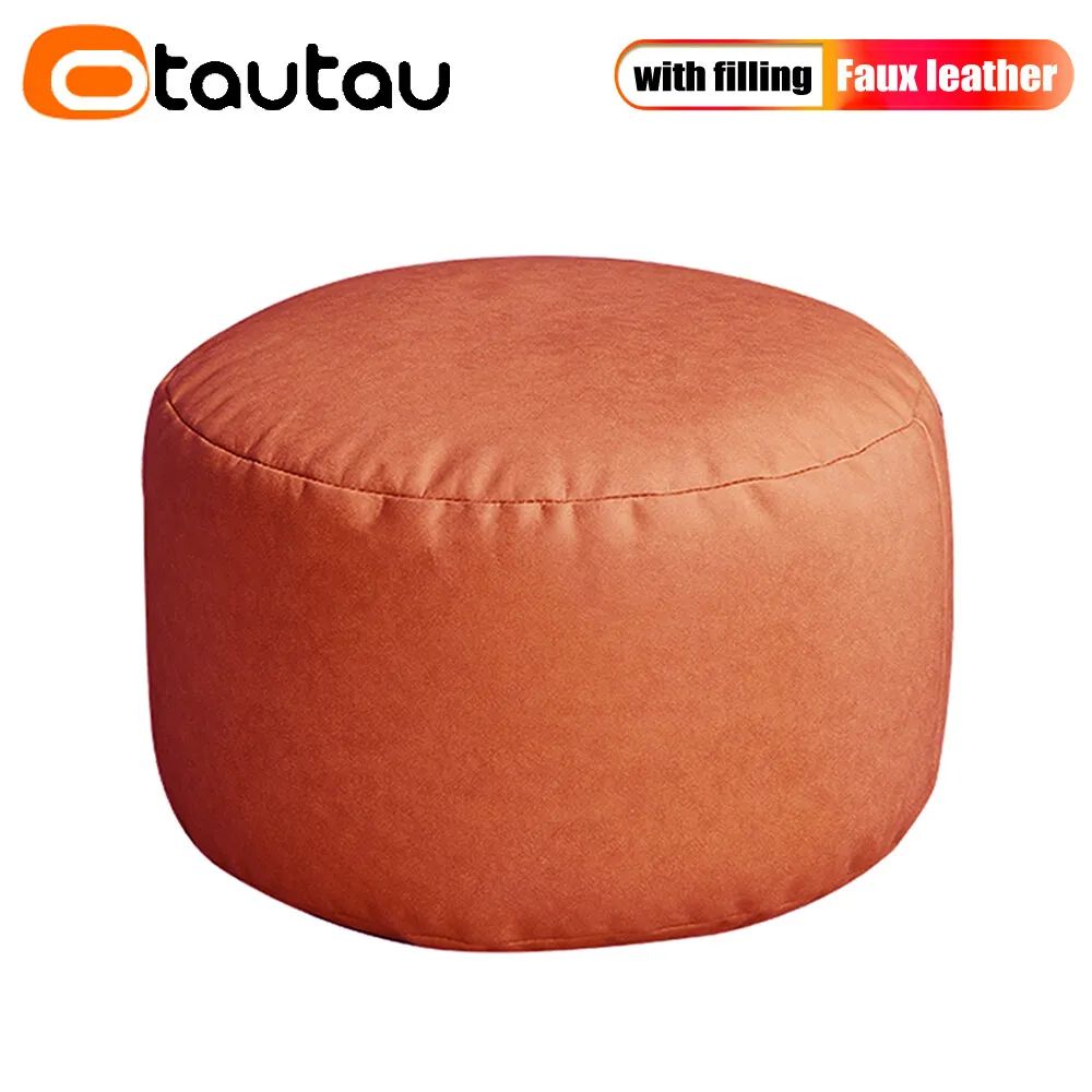 Small Round Faux Leather Bean Bag Ottoman – Modern Stuffed Pouf Footrest Floor Seat