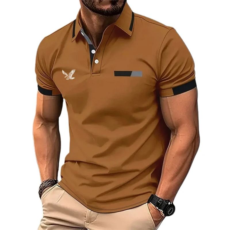 Mens Color Block Golf Polo Modern Short Sleeve Lapel Shirt