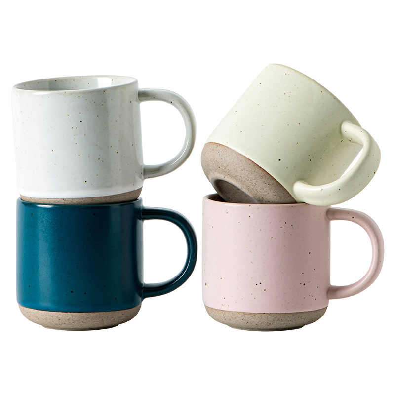 Modern Design White Small Frosted Ceramic Tumblers, Unglazed Base Speckled Coffee Mug With Handle