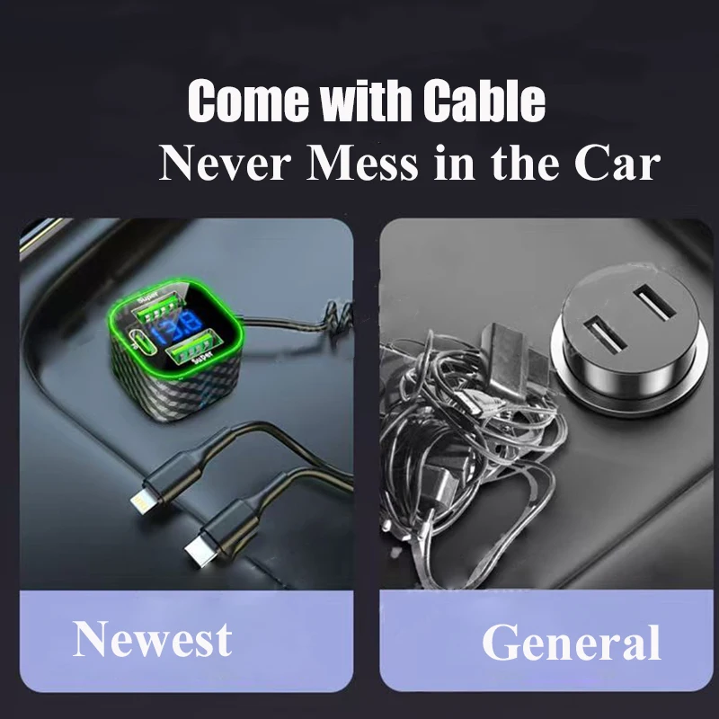 Voltage Display Spring Cable Super Fast for iPhone Pro Max Samsung USB C Car Phone Charger Adapter with dual fast ports