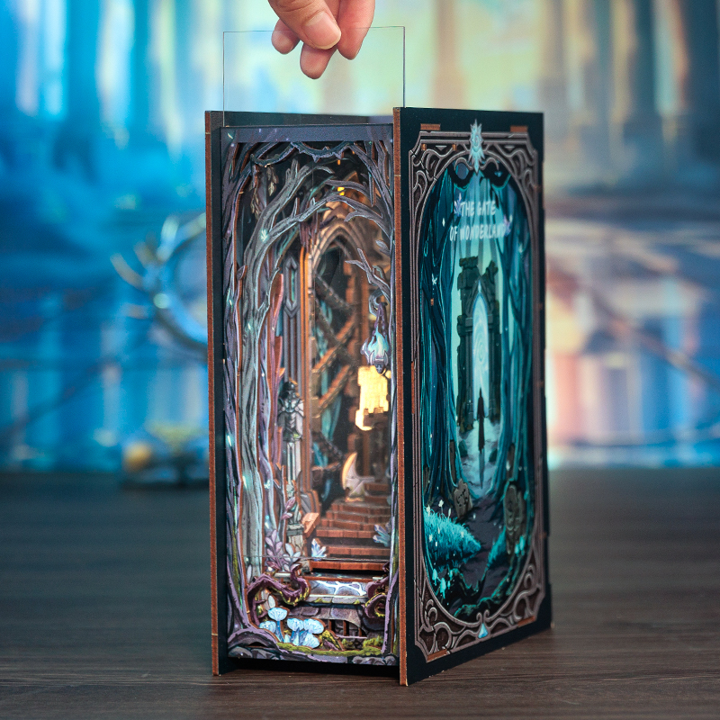 DIY Book Nook Kit, Miniature Dollhouse Bookshelf Insert with LED Light & Dust Cover – The Gate of Wonderland