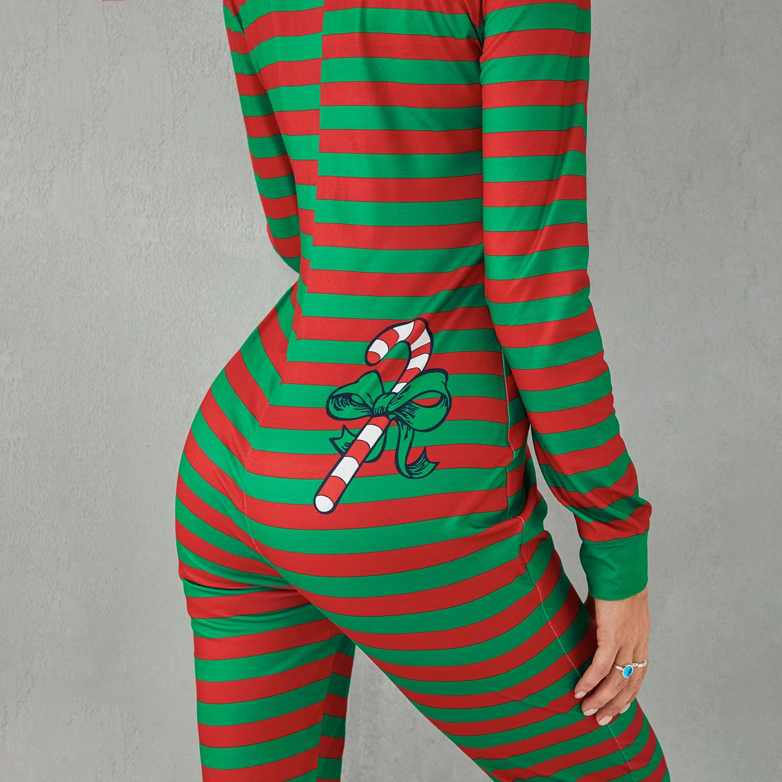 Cozy Striped Button-Front Womens Pajama Romper – Long Sleeve Christmas Lounge Jumpsuit Sleepwear