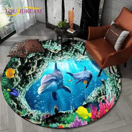 3D Ocean Dolphin Area Rug – Non-Slip Underwater Illusion Round Carpet
