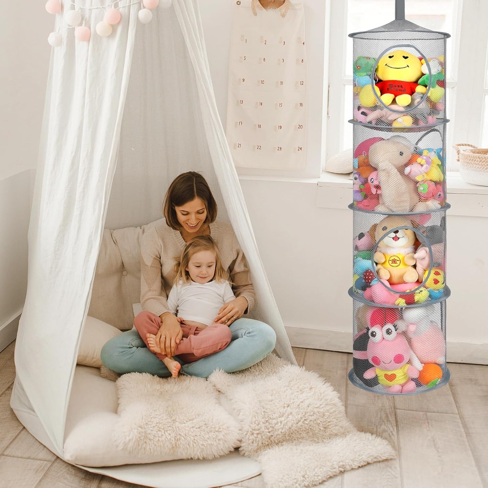 Foldable Plush Animal Storage Net Compartment Hanging Mesh Toy Hammock for Kids Room
