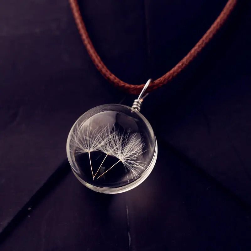 Round Dandelion Pendant Necklace with Transparent Glass Charm