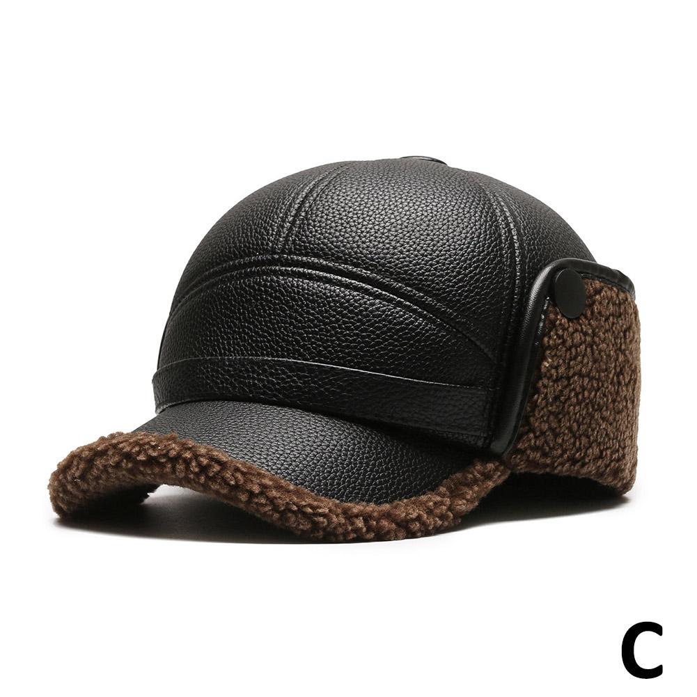 Winter Baseball Cap Men PU Leather Bomber Caps, Warm Thicker Dad Hat With Earflaps, Windproof Tongue Hat