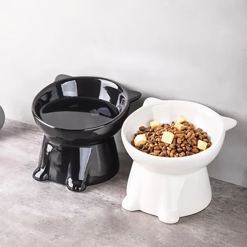 Black & White Cute Cat Food Bowl - Lightweight Plastic Pet Bowl for Cats & Small Dogs