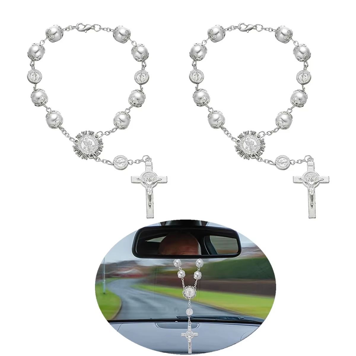 Retro Pearl Cross Car Hanging Ornament Elegant Rearview Mirror Car Charm