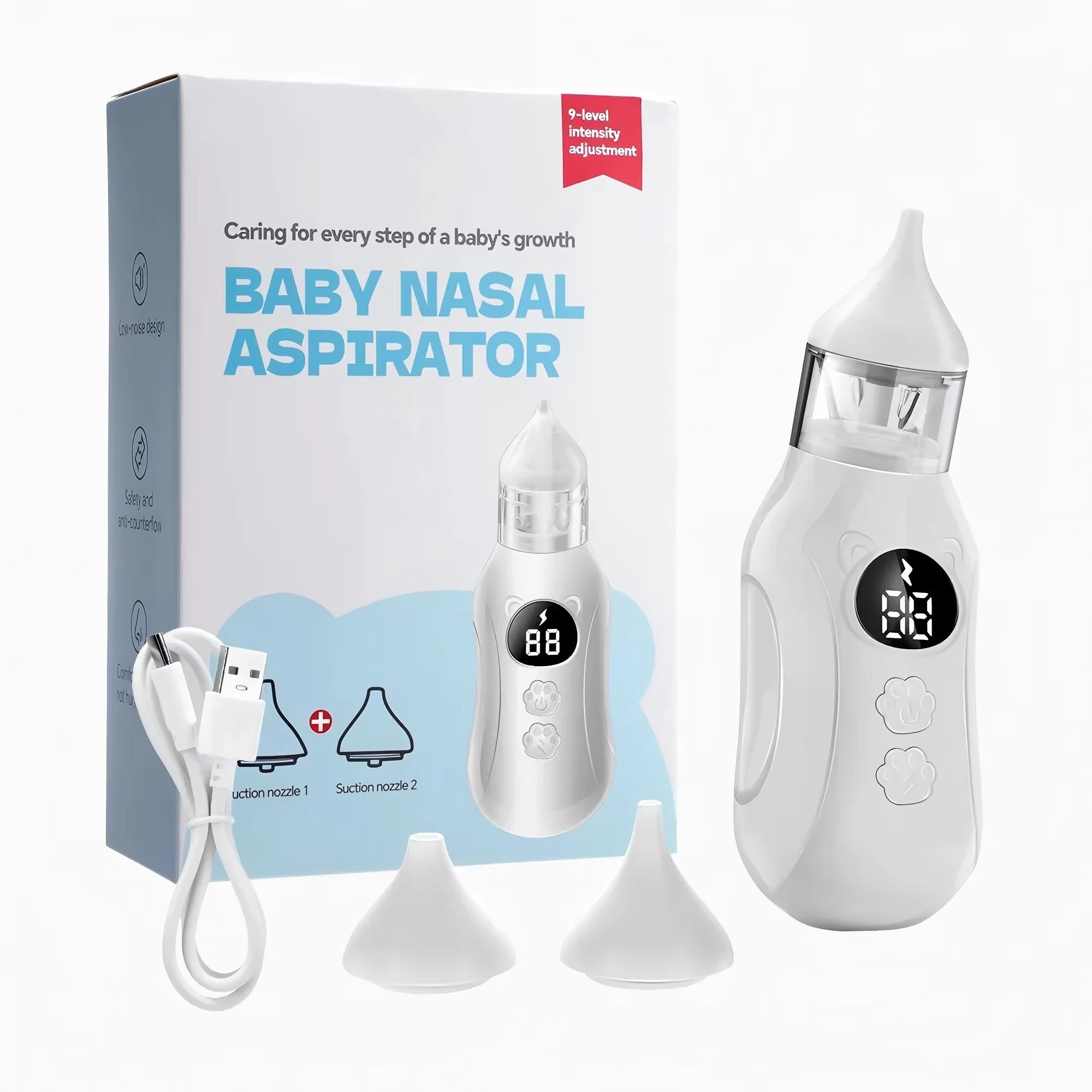 Rechargeable Electric Baby Nasal Aspirator with 9 Adjustable Suction Levels and Dual Silicone Tips