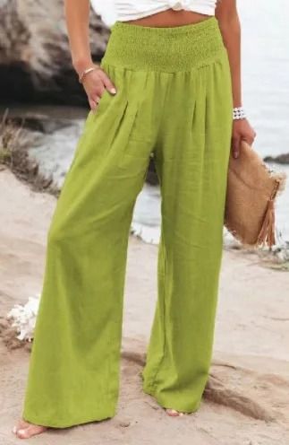 Women Drawstring Wide Leg Casual Pants Mid Waist Beach Trousers