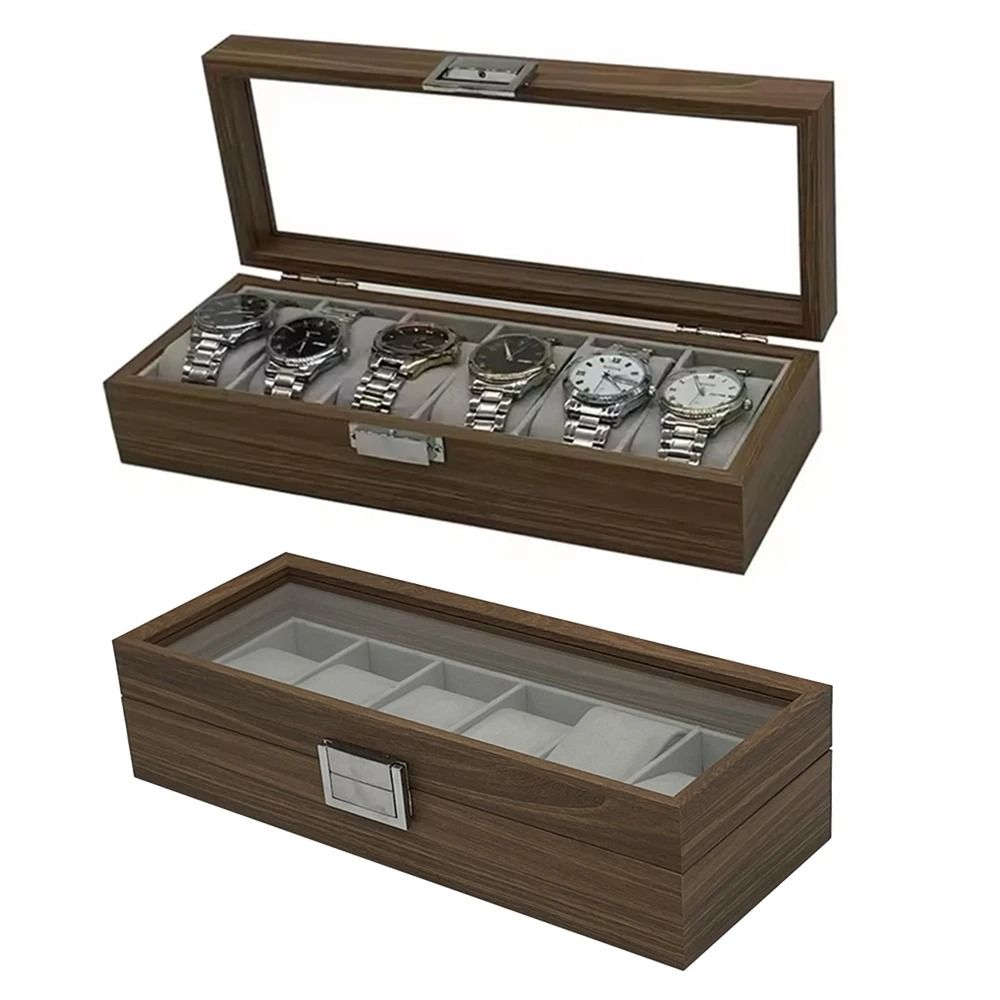 Black Walnut Style Wooden Watch Display Box 6 Slot Storage Case For Watches