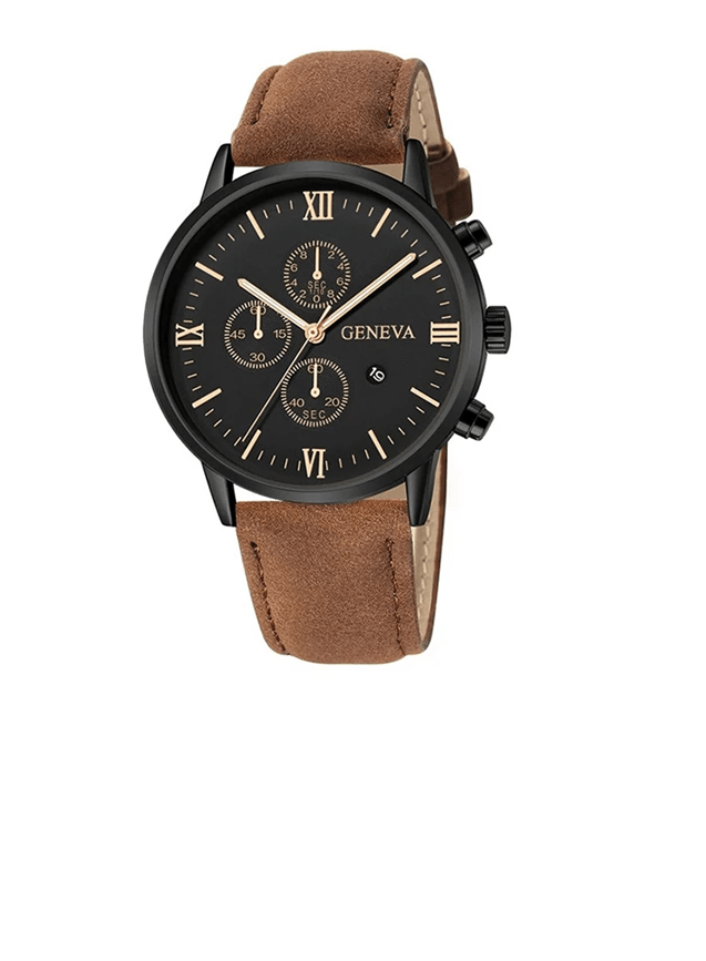 Mens Casual Leather Quartz Watch with Calendar