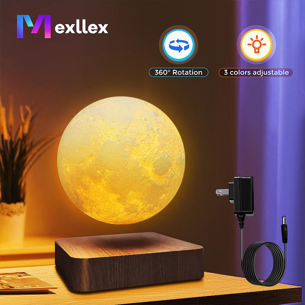 Creative Table 3D LED Lamp with Wooden Base, Levitating Moon Magnetic Floating Night Light for Office and Gift
