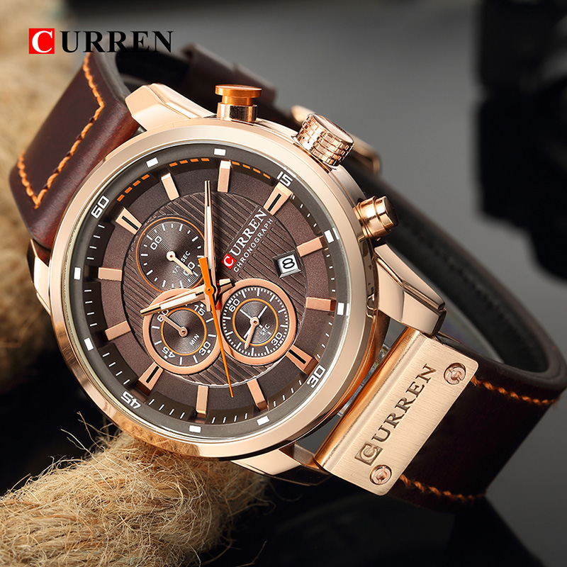 CURREN Men Military Quartz Watch with Leather Strap, Chronograph Wristwatch
