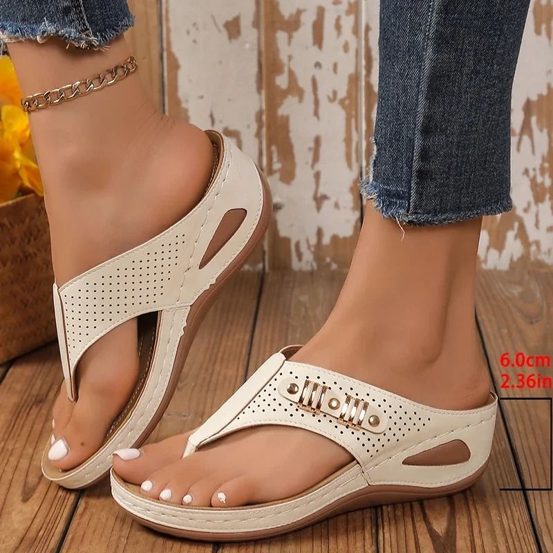 Womens Metal Decor Wedge Flip Flops Lightweight Non Slip Summer Sandals