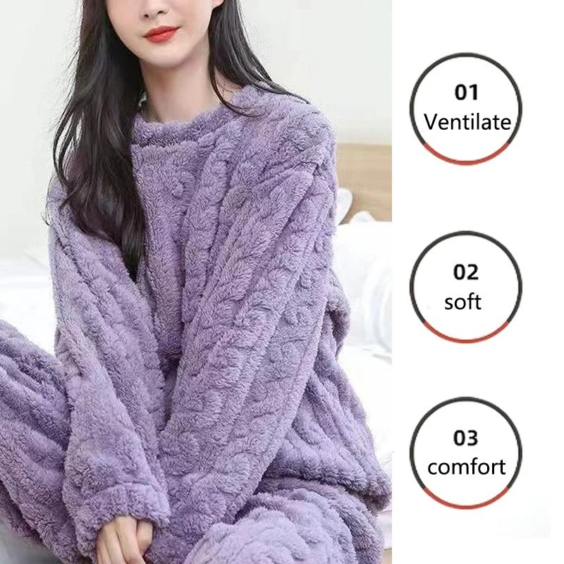 Womens Thickened Flannel Pajama Set with Long Sleeves