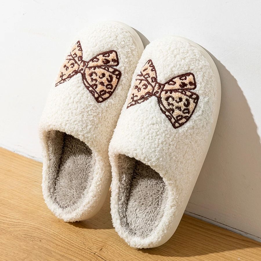 Womens Winter Slippers Indoor Elegant Bow Soft Sole Warm House Shoes