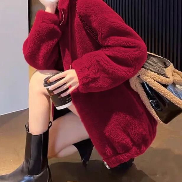 Women thickened fleece zip up stand collar hoodie jacket casual winter outerwear