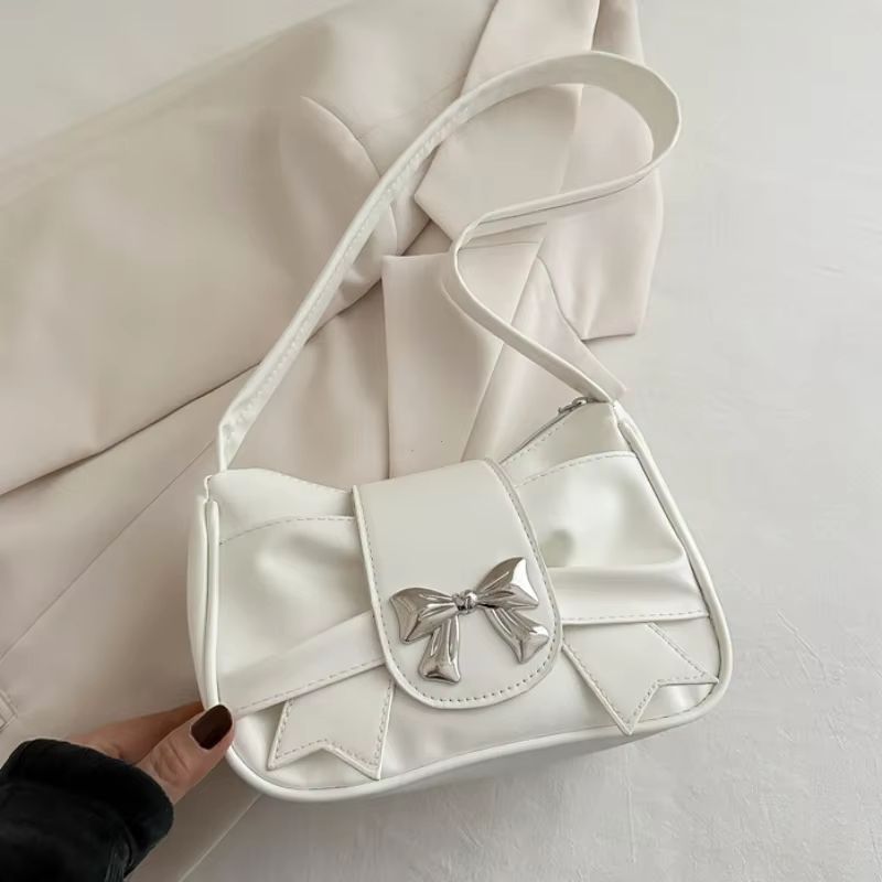 Elegant Bow Underarm Shoulder Bag for Women Soft PU Leather Commuting Purse
