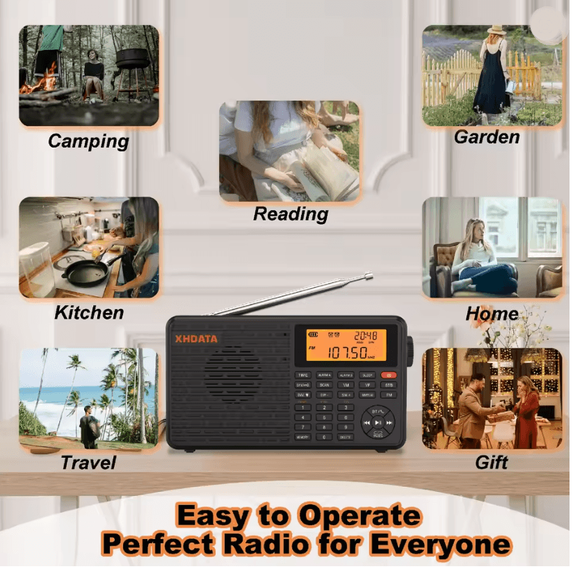 XHDATA D109 Portable Bluetooth Radio with AM FM SW Bands and TF Card Support