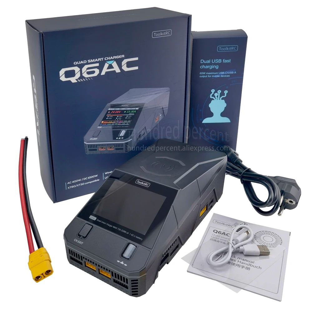 ToolkitRC Charger DC 4CH Output with 65W USB-A & Type-C – LiPo (1-6S), NiMH (1-16S), PB (1-10S) IPS Charger
