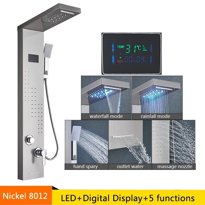 LED Rainfall Shower Panel with Digital Display and Massage Jets
