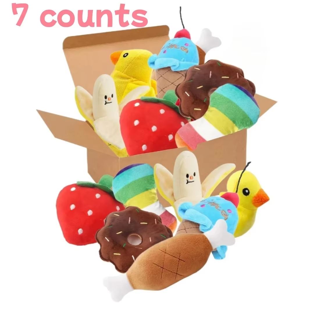7-Piece Plush Puppy Chew Toys Set – Fun Fruit & Vegetable Squeaky Toys for Small Dogs and Puppies