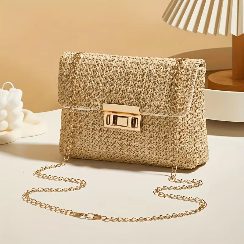 Woven Straw Shoulder Bag Small Crossbody Handbag with Polyester Lining