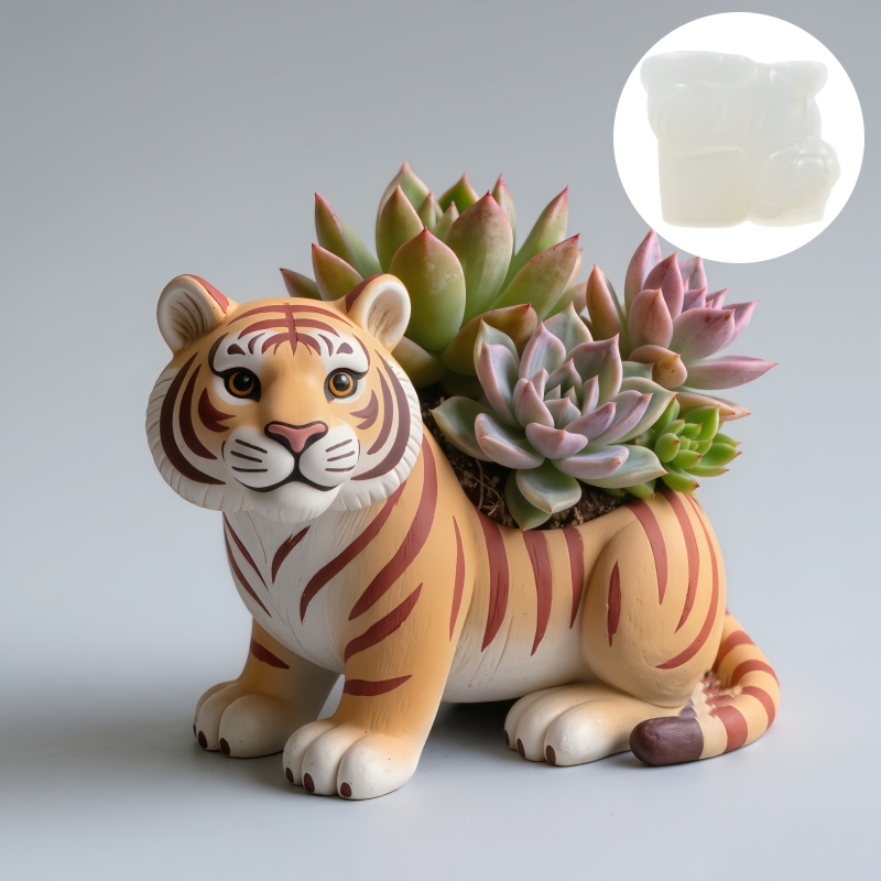 Cute Tiger Silicone Mold for Concrete Planter Candle Cup and Storage Box DIY