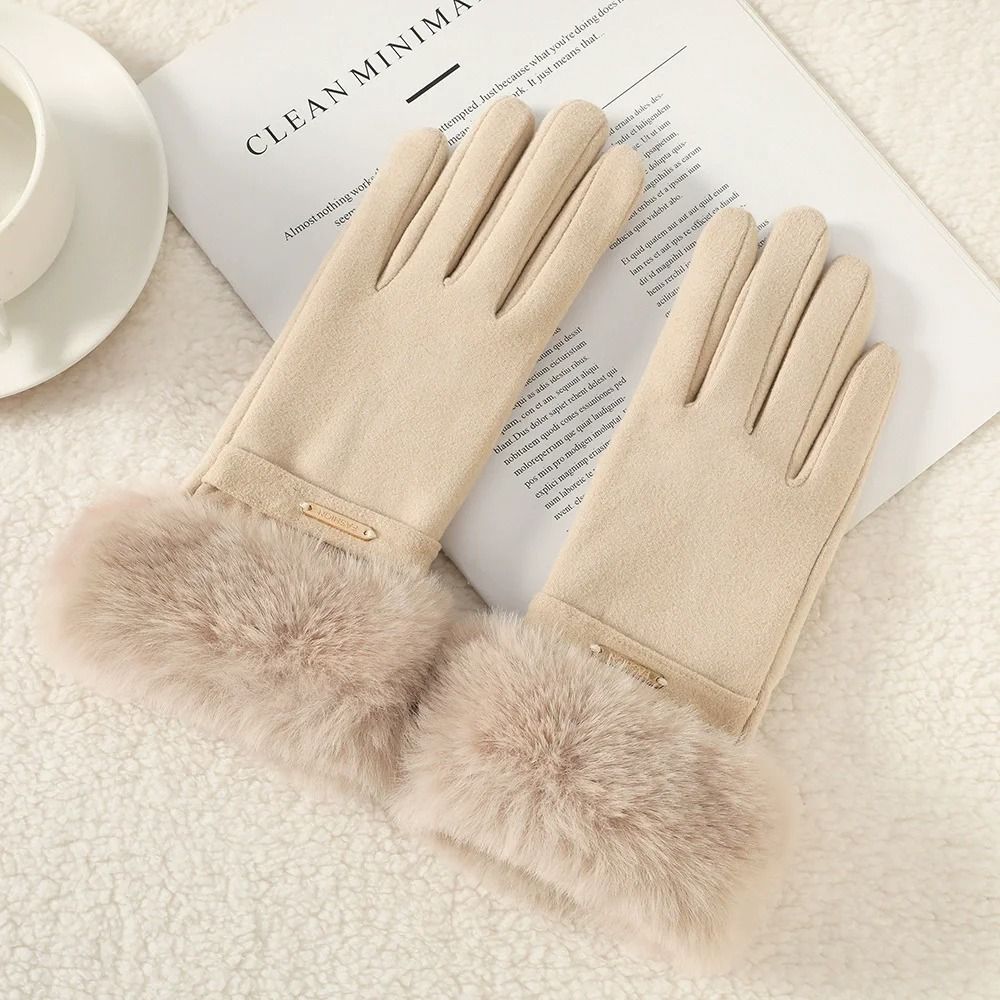 Women Winter Touchscreen Suede Gloves with Plush Cuff and Fleece Lining