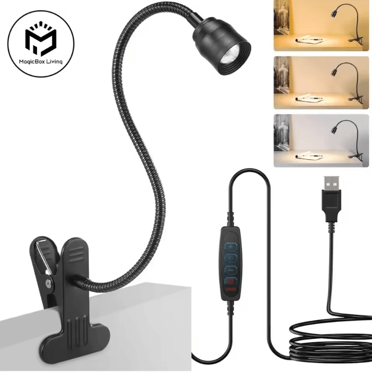 Zoomable LED Clip Reading Light USB Flexible Gooseneck Book Lamp for Bed & Study
