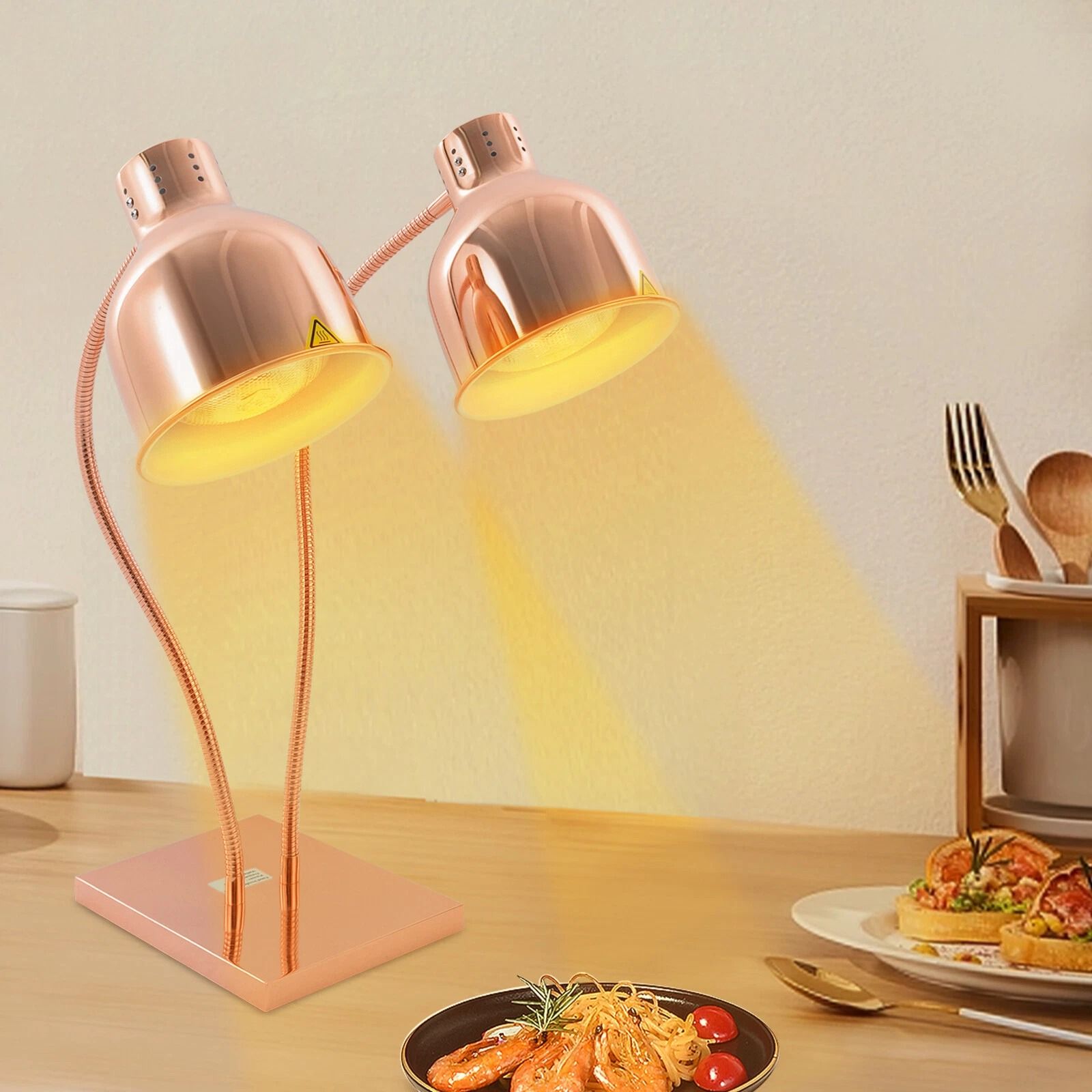 2-Head Food Warming Lamp Gold, Tabletop Food Insulation Lamp, Food Warmer