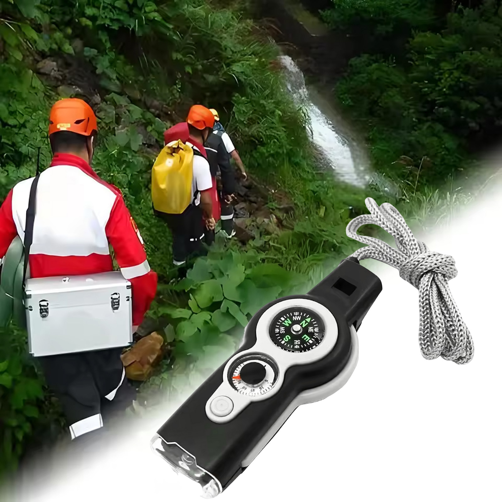 Multifunction Survival Whistle with LED Light and Thermometer for Camping Safety Gear