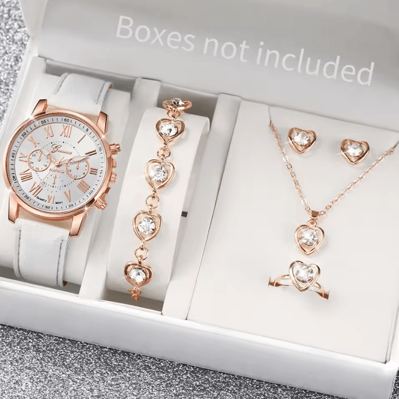 Fashion Womens Quartz Watch Set with Leather Bands and Heart Rhinestone Accent (5/6 PCS)