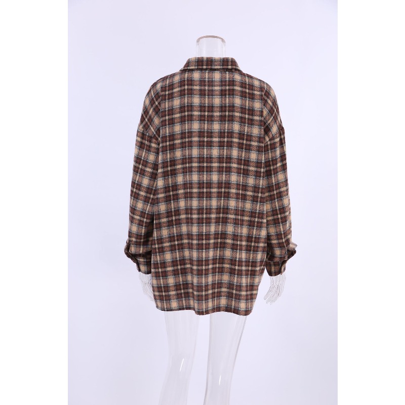Cozy Casual Plaid Shirt for Women – Loose Winter Lapel Button Coat, Vintage Khaki Full Sleeve Streetwear Top