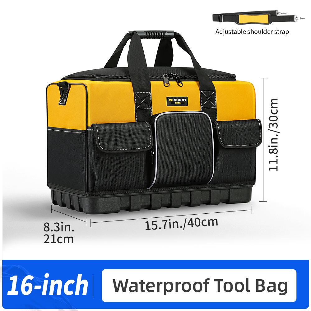 Durable Polyester Heavy-Duty Tool Bag with Wide Mouth & Waterproof Base, Adjustable Shoulder Strap