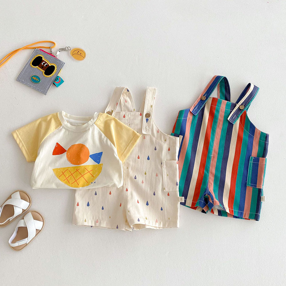 9M-5T Summer Kids Clothes, Colorful Striped Overalls with Raindrop Print, Girls Jumpsuit Outfit