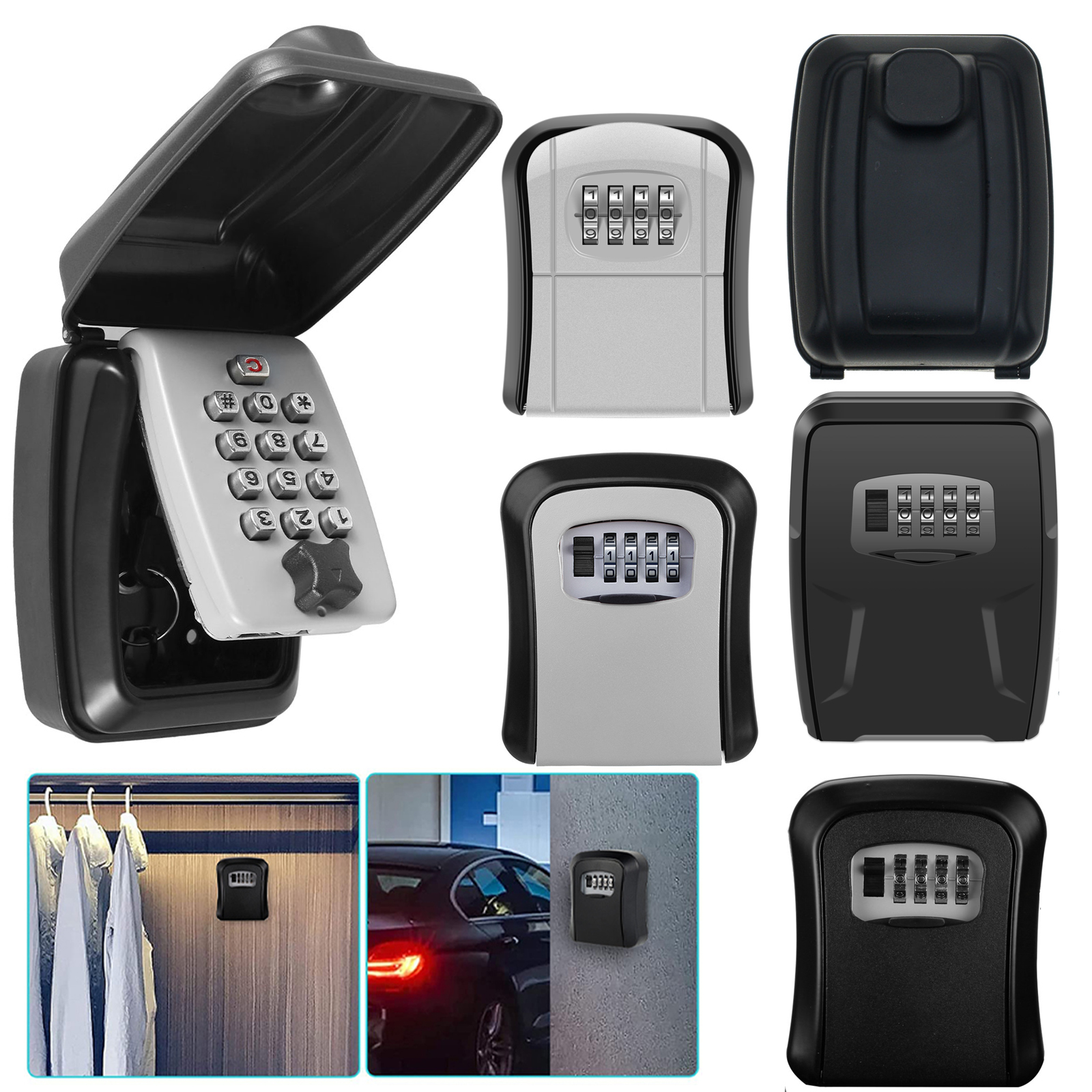 Wall-Mount Key Storage Box, Portable Combination Key Holder, Secret Code, Weatherproof Safe for Home, Office