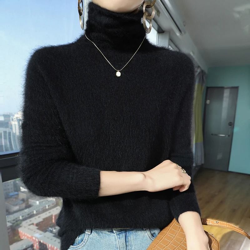 Womens Pure Mink Cashmere Sweater Slim Fit Pullover with Pile Collar Knitted Winter Top