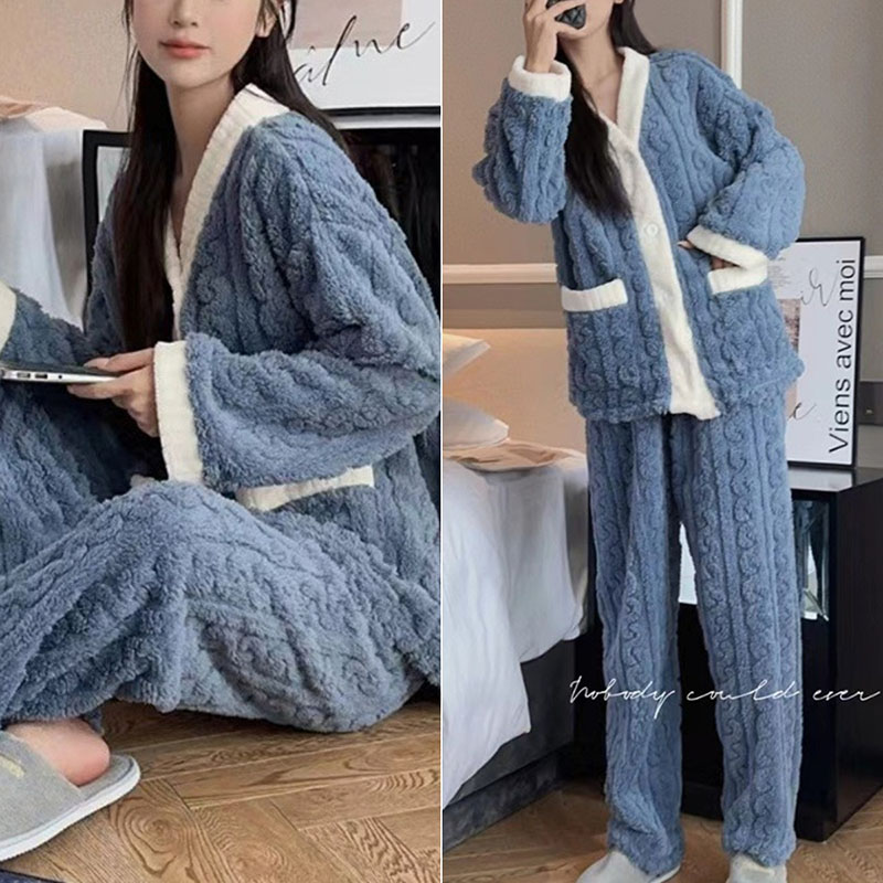 Autumn and Winter Pajamas Women, Thickened Padded Warm Coral Velvet Suit, Cozy Cardigan and Trousers for Girls, Homewear