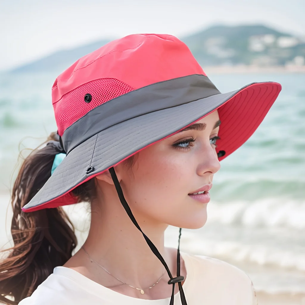 Womens Wide Brim Sun Hat with Ponytail Hole Breathable Waterproof Summer Beach Hat