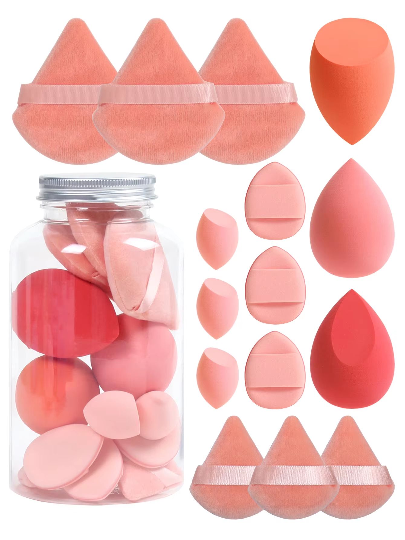 15 Piece Makeup Puff Set with Loose Powder Puffs, Mini Makeup Sponges, and Air Cushion Puffs in Travel Cans