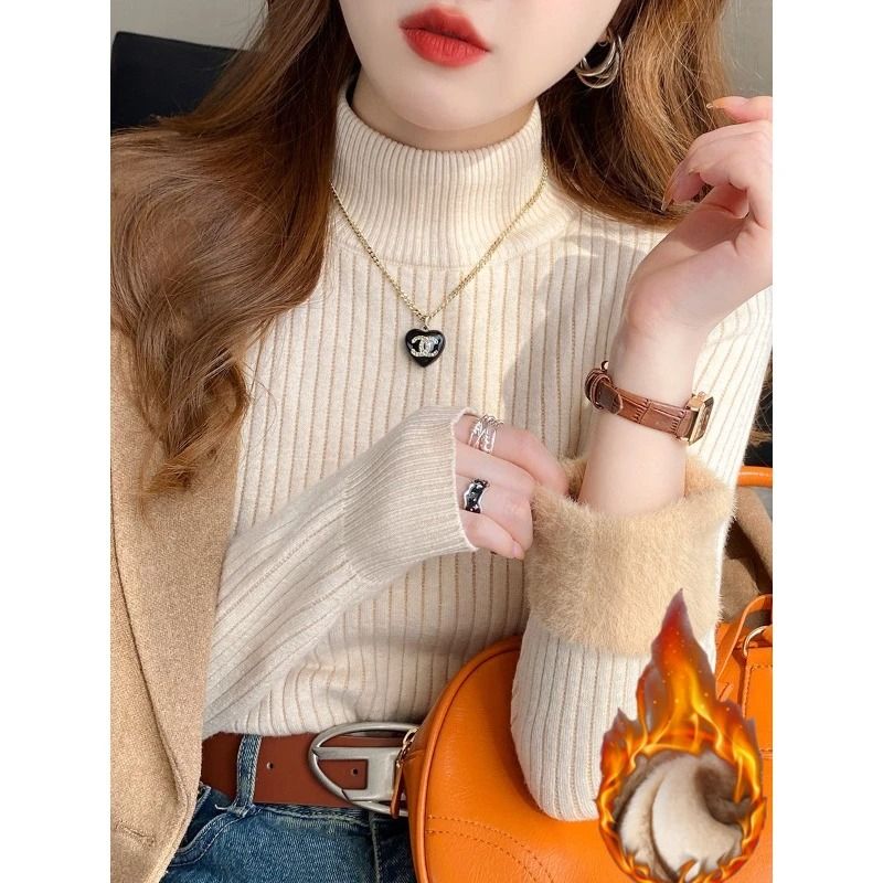 Womens Retro Red Thermal Turtleneck Sweater with Velvet Lining